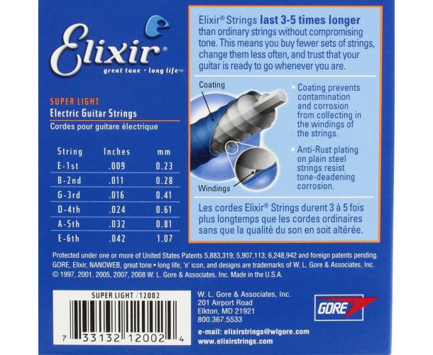 Cordes Pour Guitare électrique Elixir Nickel NANOWEB Super Light 9-42 - Lot De 4 Jeux - Son Brillant, Longue Durée